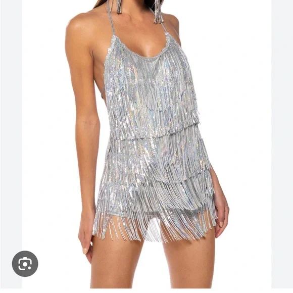 Silver Fringe Mini Dress romper - Picture 1 of 3